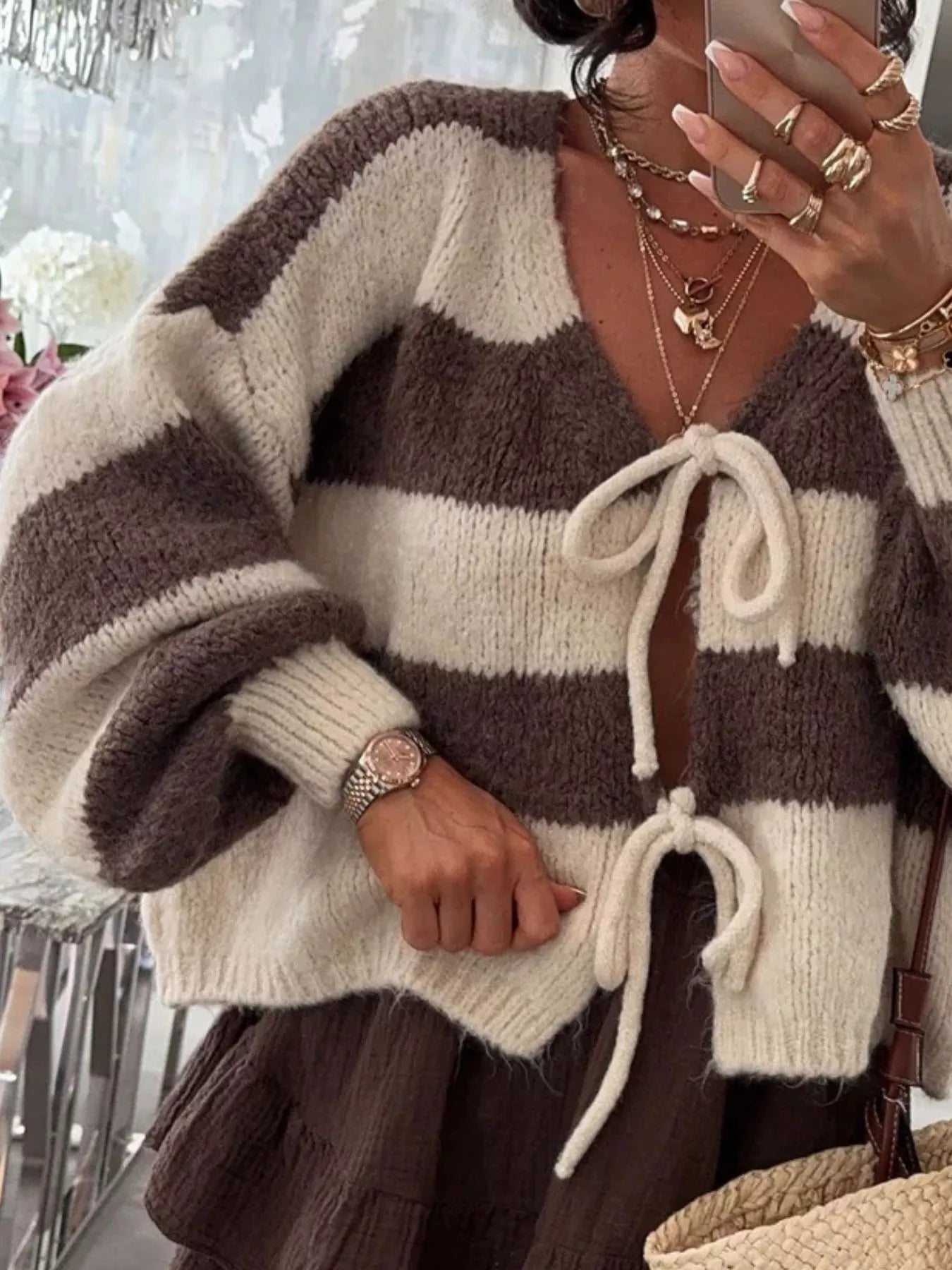 Striped Tie-Front Knit Cardigan Trendsi