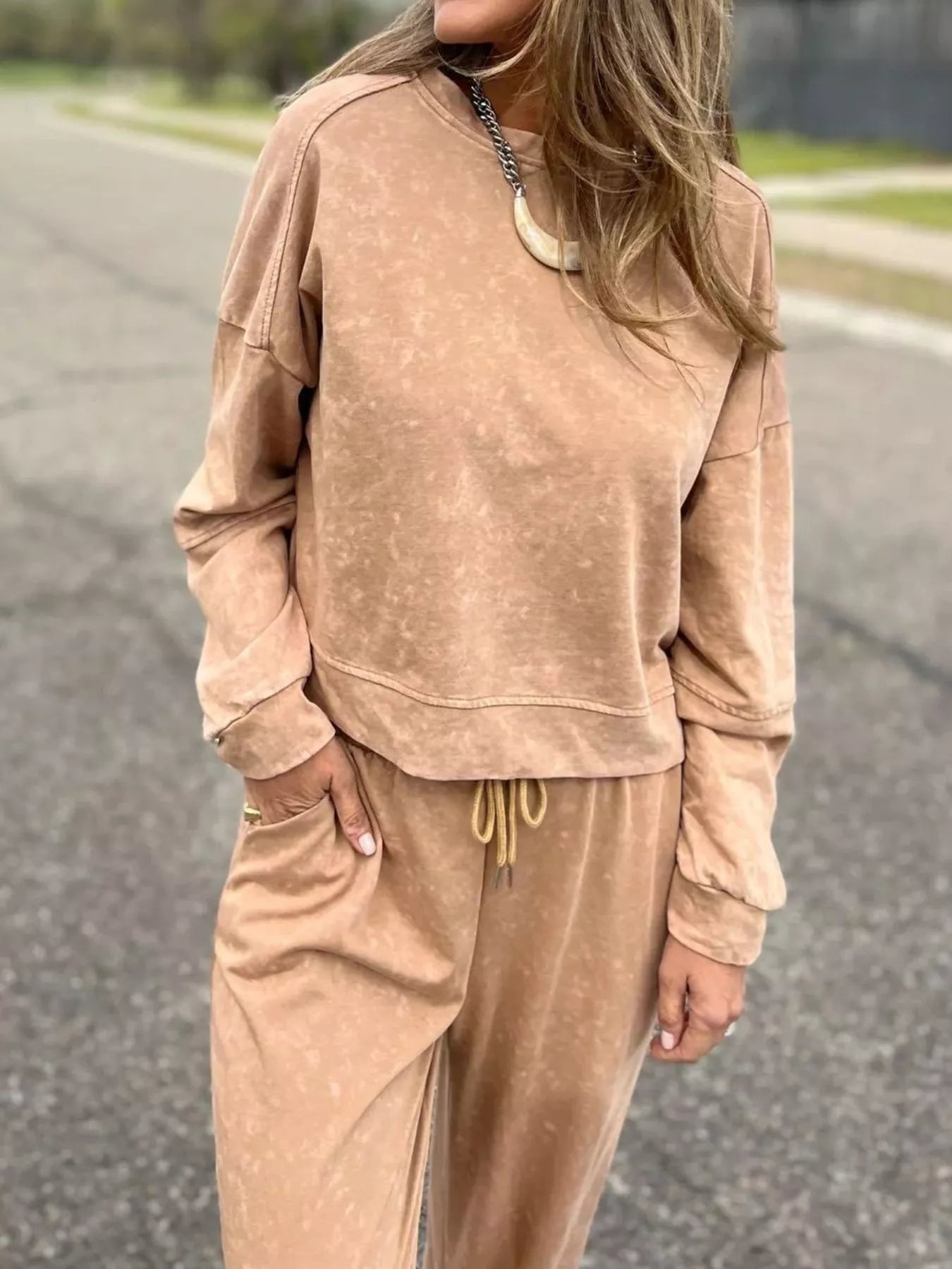 Full Size Washed Round Neck Top and Drawstring Pants Set Plus Size nicholesgifts