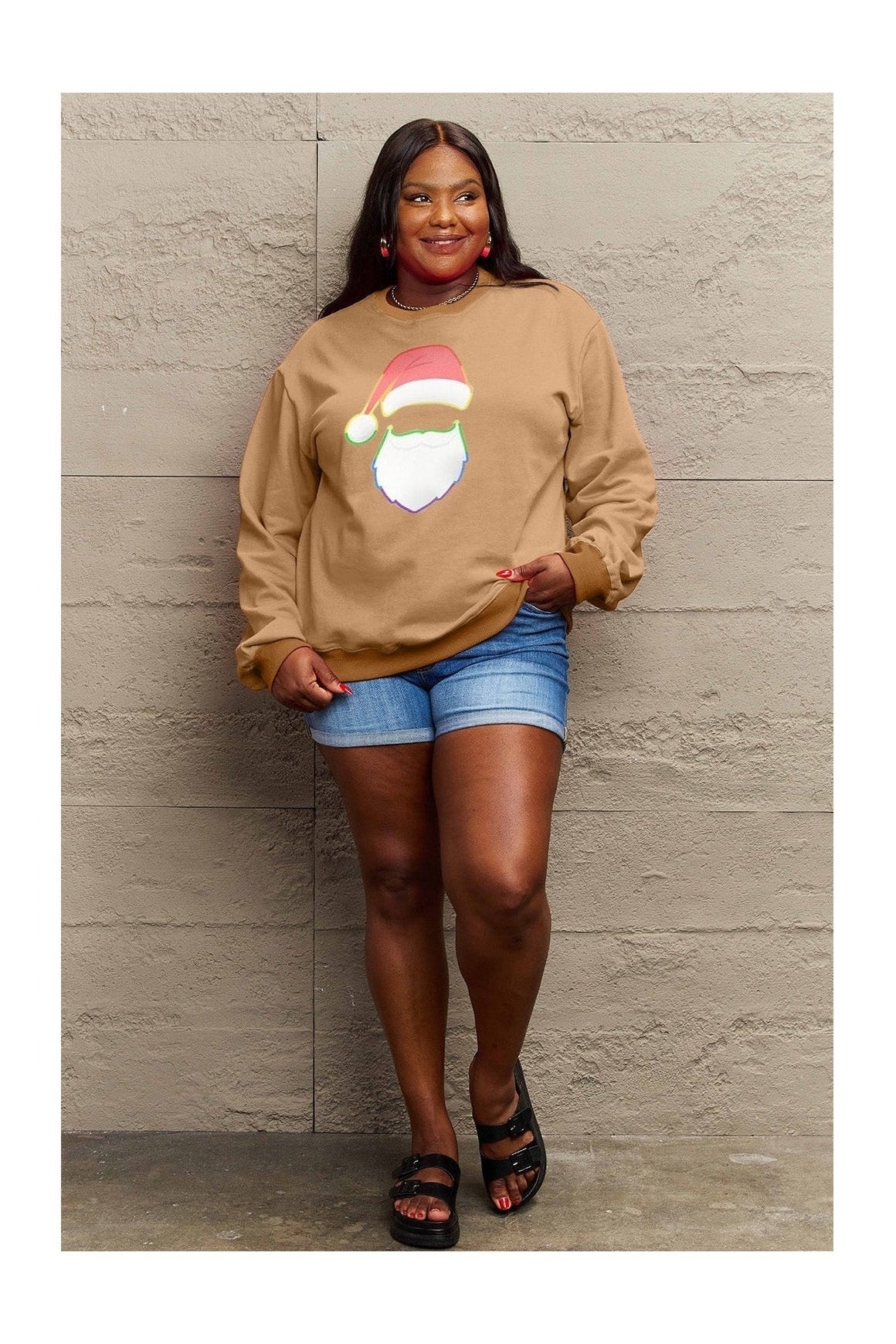Simply Love Full Size Rainbow Santa Graphic Round Neck Sweatshirt nicholesgifts