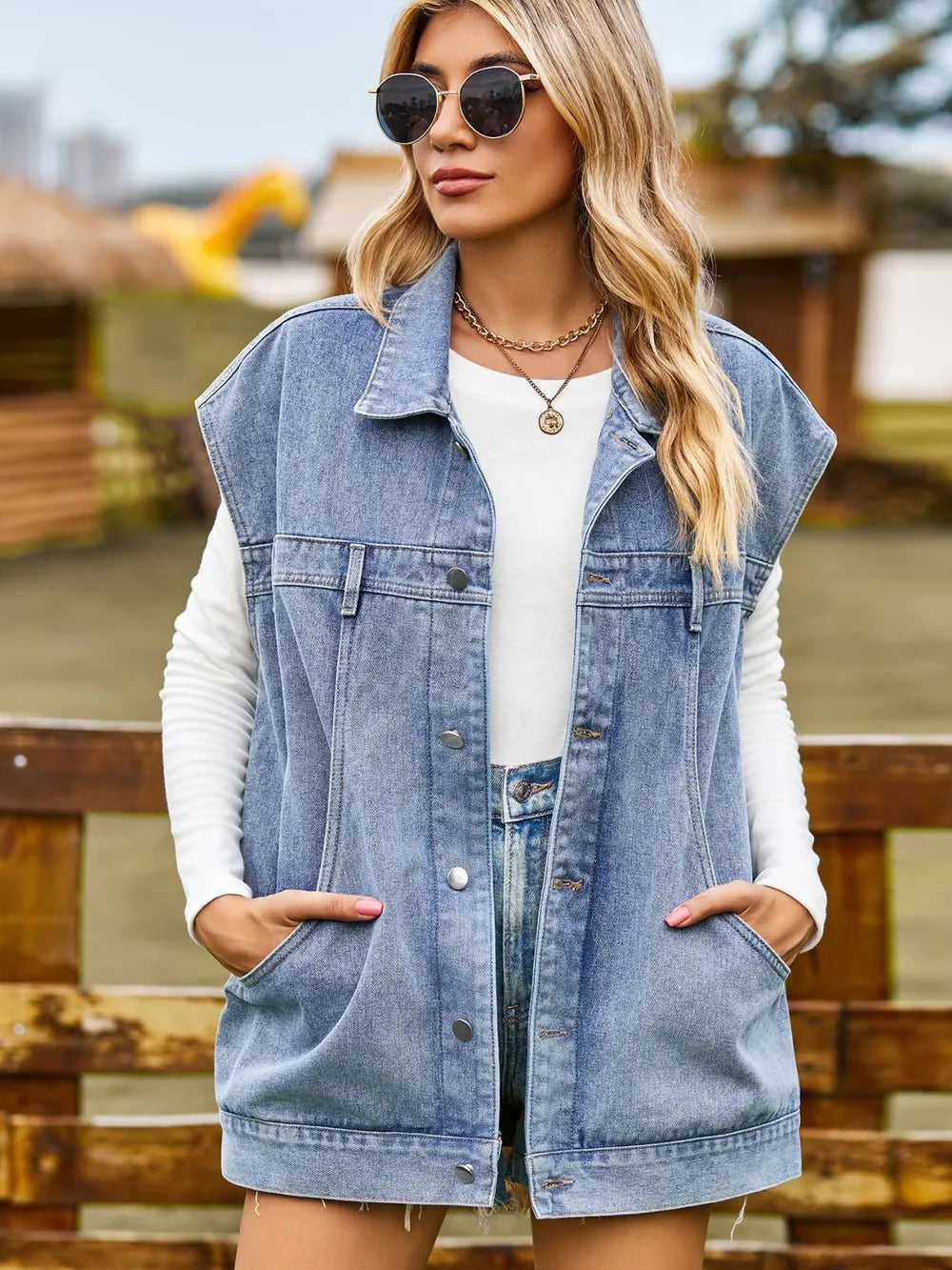 Button Up Collared Neck Sleeveless Denim Jacket nicholesgifts