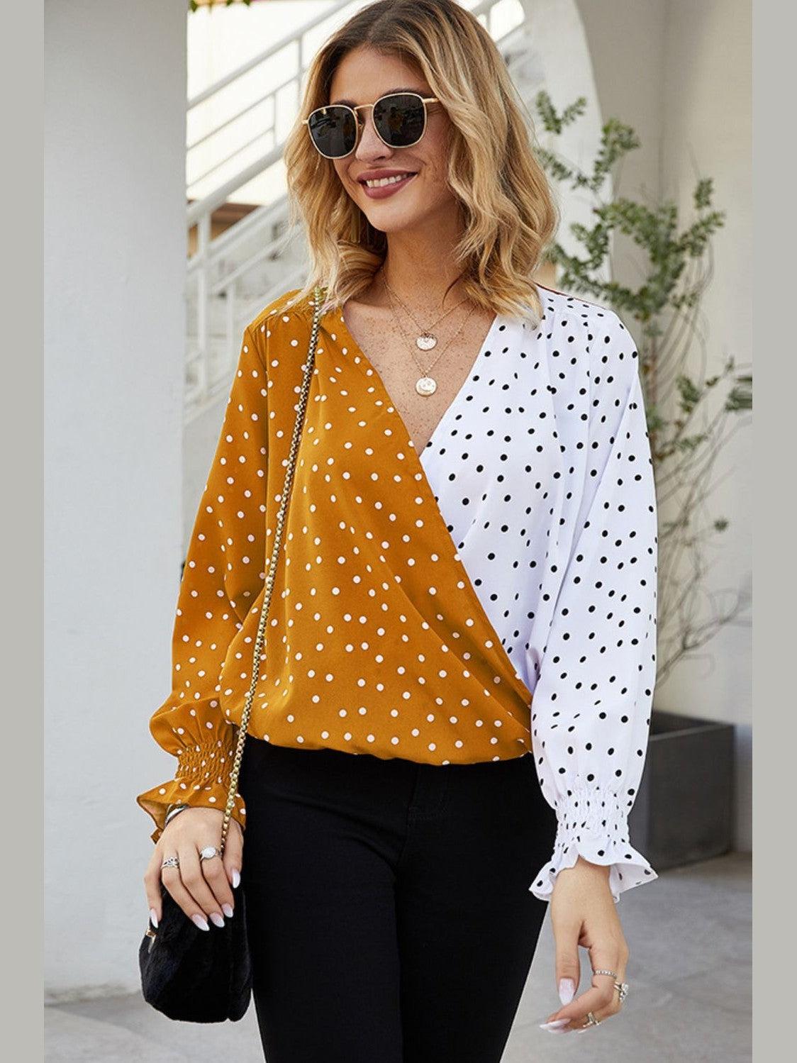 Ivy Lane Polka Dot Surplice Neck Lantern Sleeve Blouse