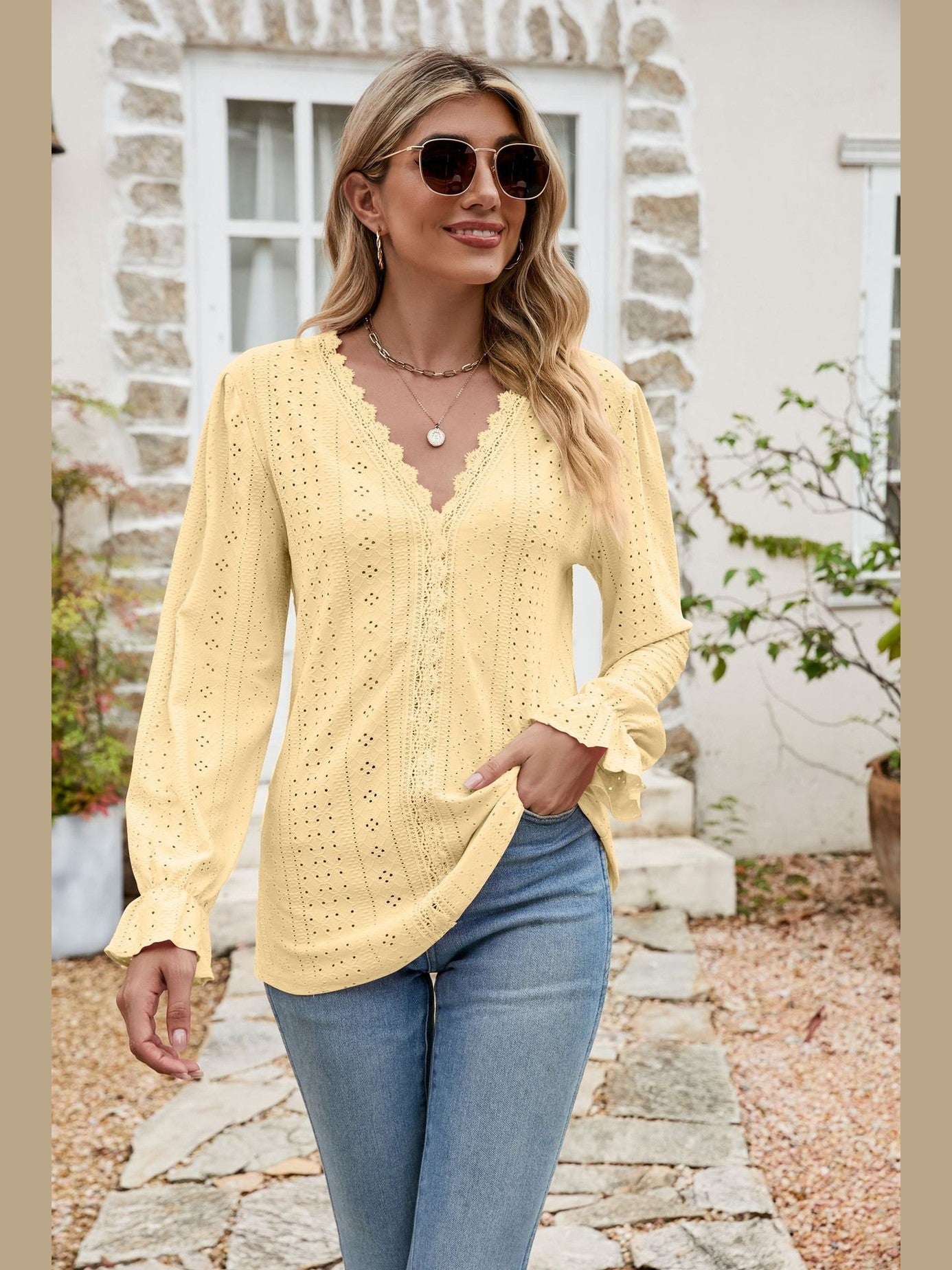 Eyelet Lace Trim Flounce Sleeve Blouse