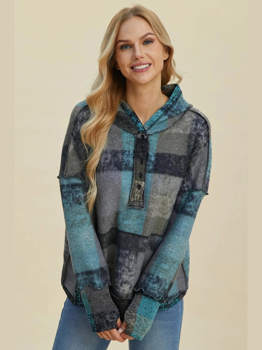 Double Take Full Size Plaid Dropped Shoulder Fleece Hoodie Trendsi