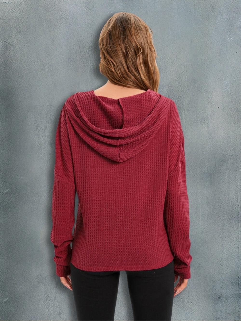 Waffle-Knit Drawstring Drop Shoulder Hoodie nicholesgifts