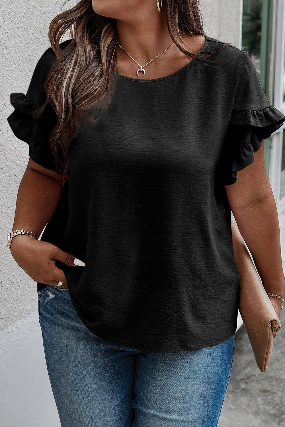 Plus Size Ruffled Round Neck Short Sleeve Blouse nicholesgifts