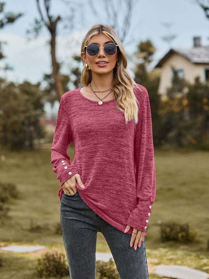 Round Neck Long Sleeve Buttoned T-Shirt NicholesGifts