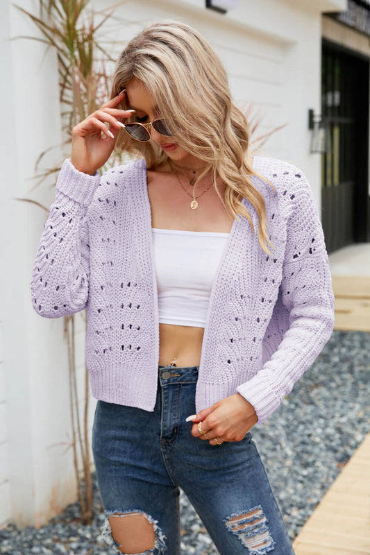 Women Open Front Cuffed Cropped Cardigan
