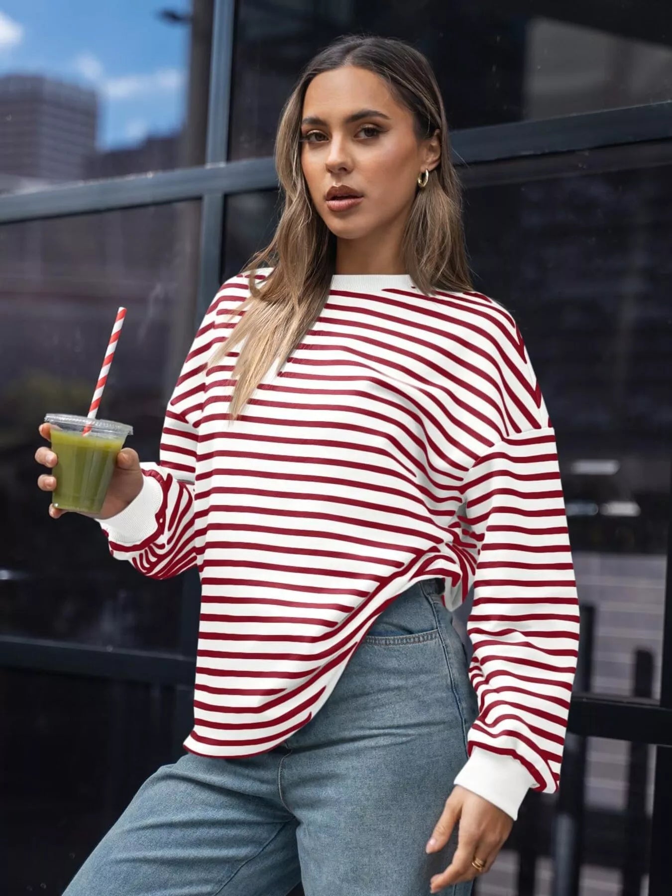 Striped Round Neck Oversized Casual Sweatshirt Trendsi