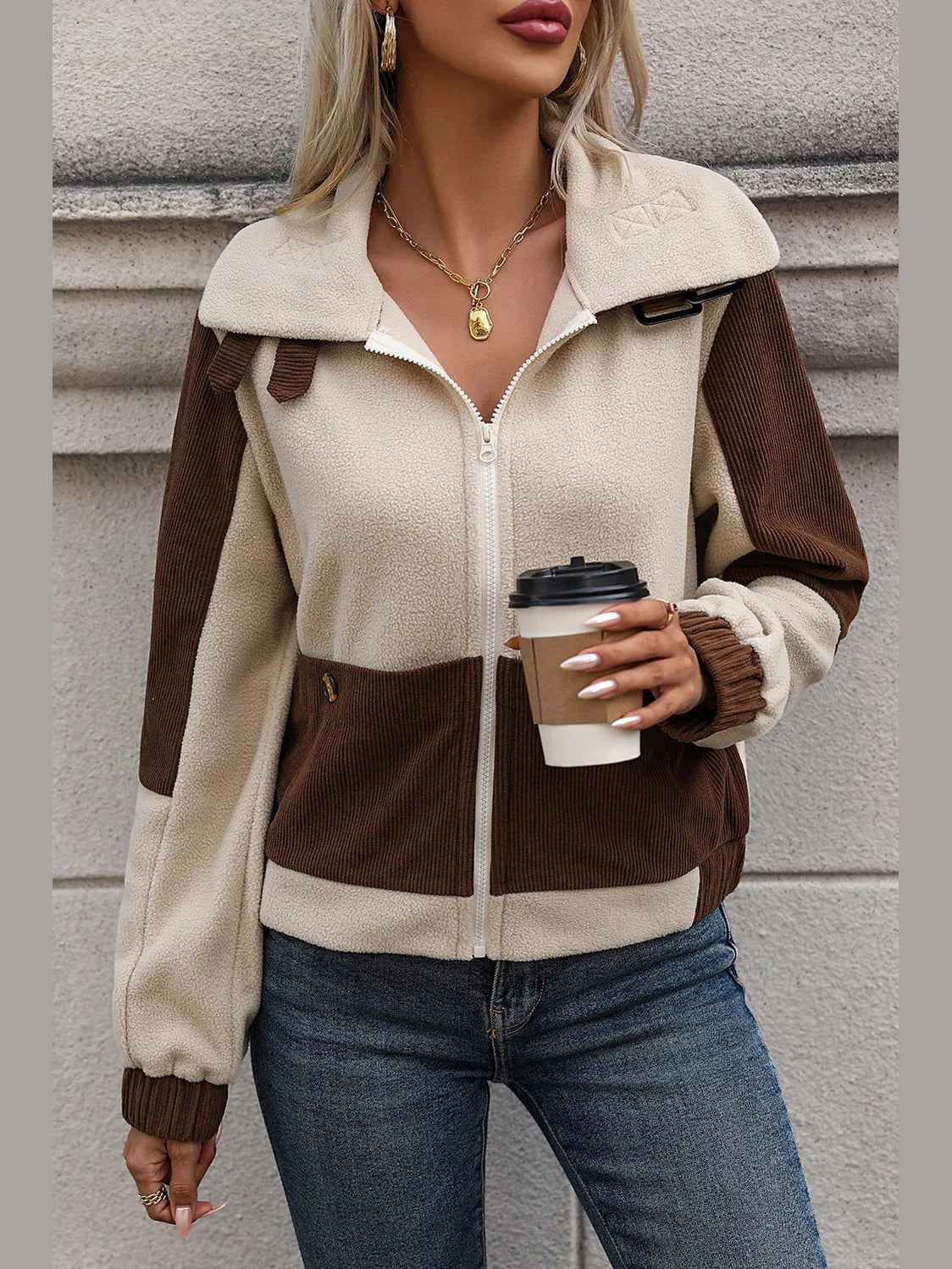 Perfee Color Block Zip Up Pocketed Jacket nicholesgifts