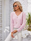 Decorative Button Openwork V-Neck T-Shirt nicholesgifts