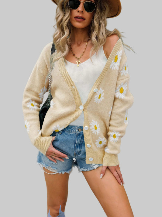 Angel Wings Daisy Pattern Button Front Cardigan nicholesgifts