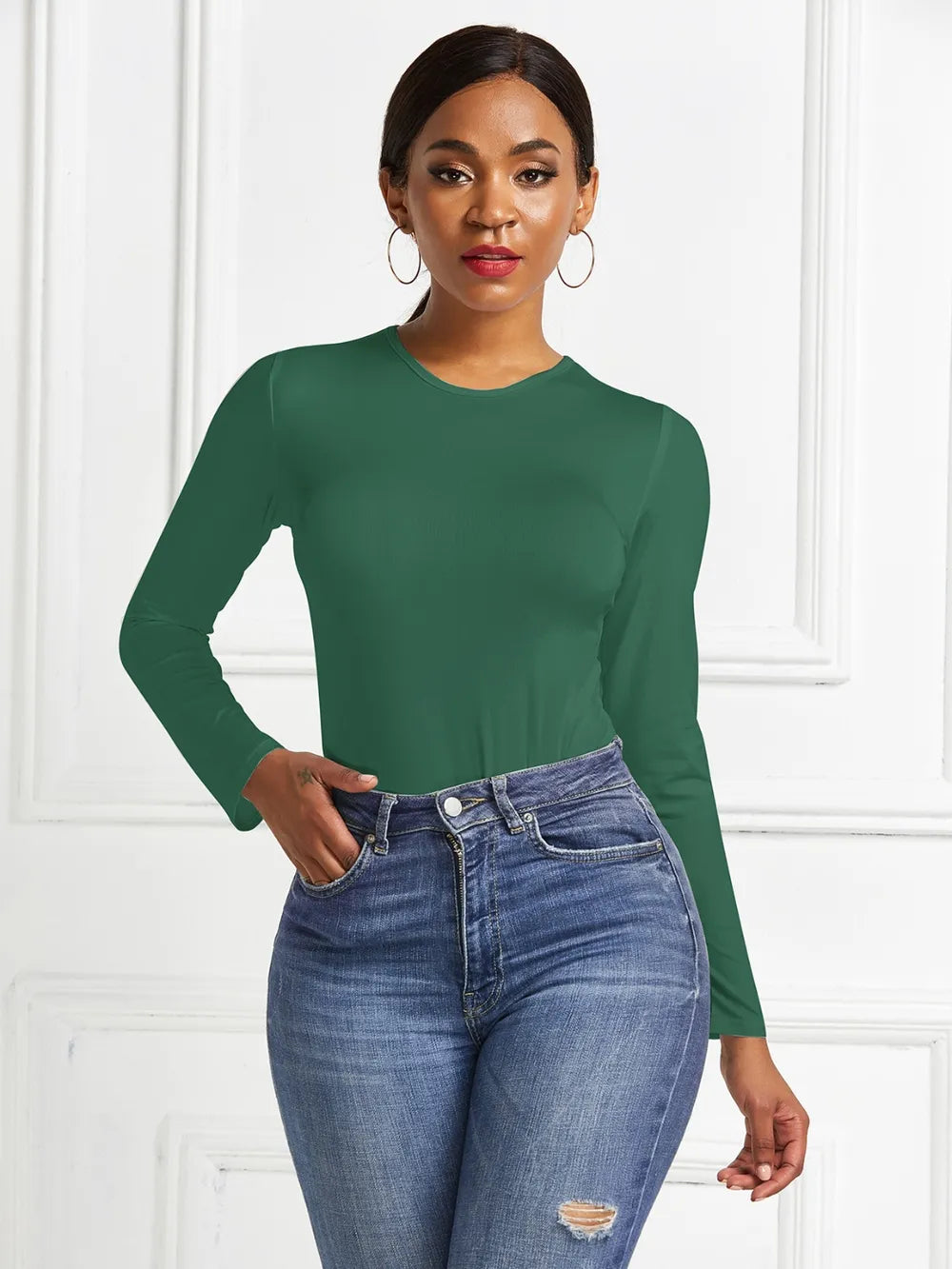Round Neck Long Sleeve Bodysuit nicholesgifts