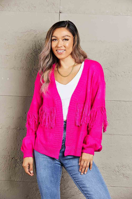 NicholesGifts Women Double Take Fringe Trim Open Front Cardigan NicholesGifts