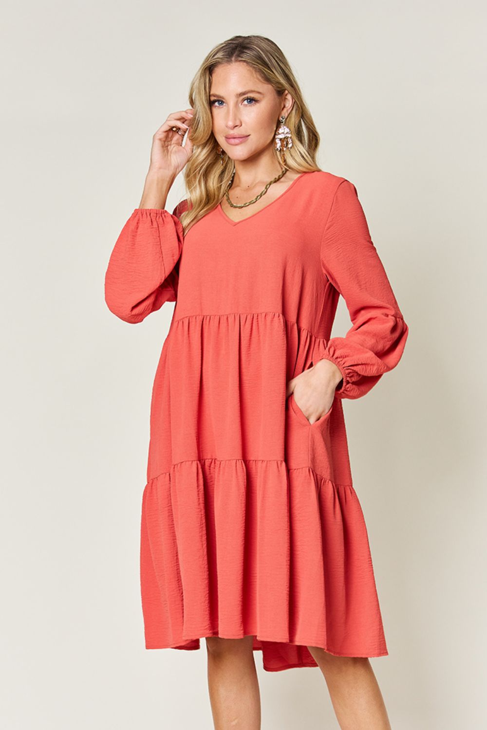 Double Take Full Size V-Neck Balloon Sleeve Tiered Dress nicholesgifts