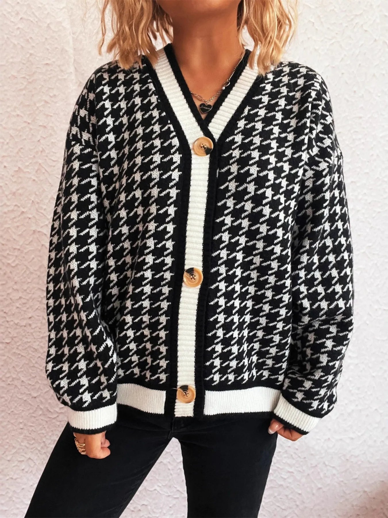 Houndstooth Pattern V-Neck Button-Up Cardigan