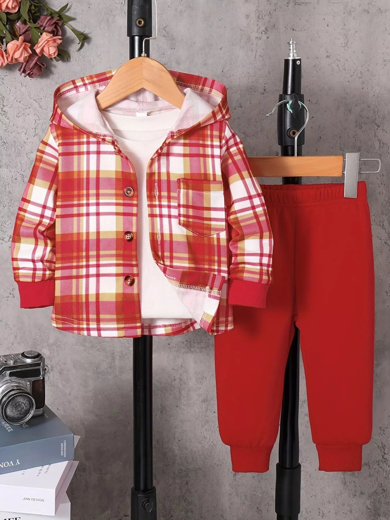 Children's Plaid Button Up Hooded Top & Pants Set NicholesGifts