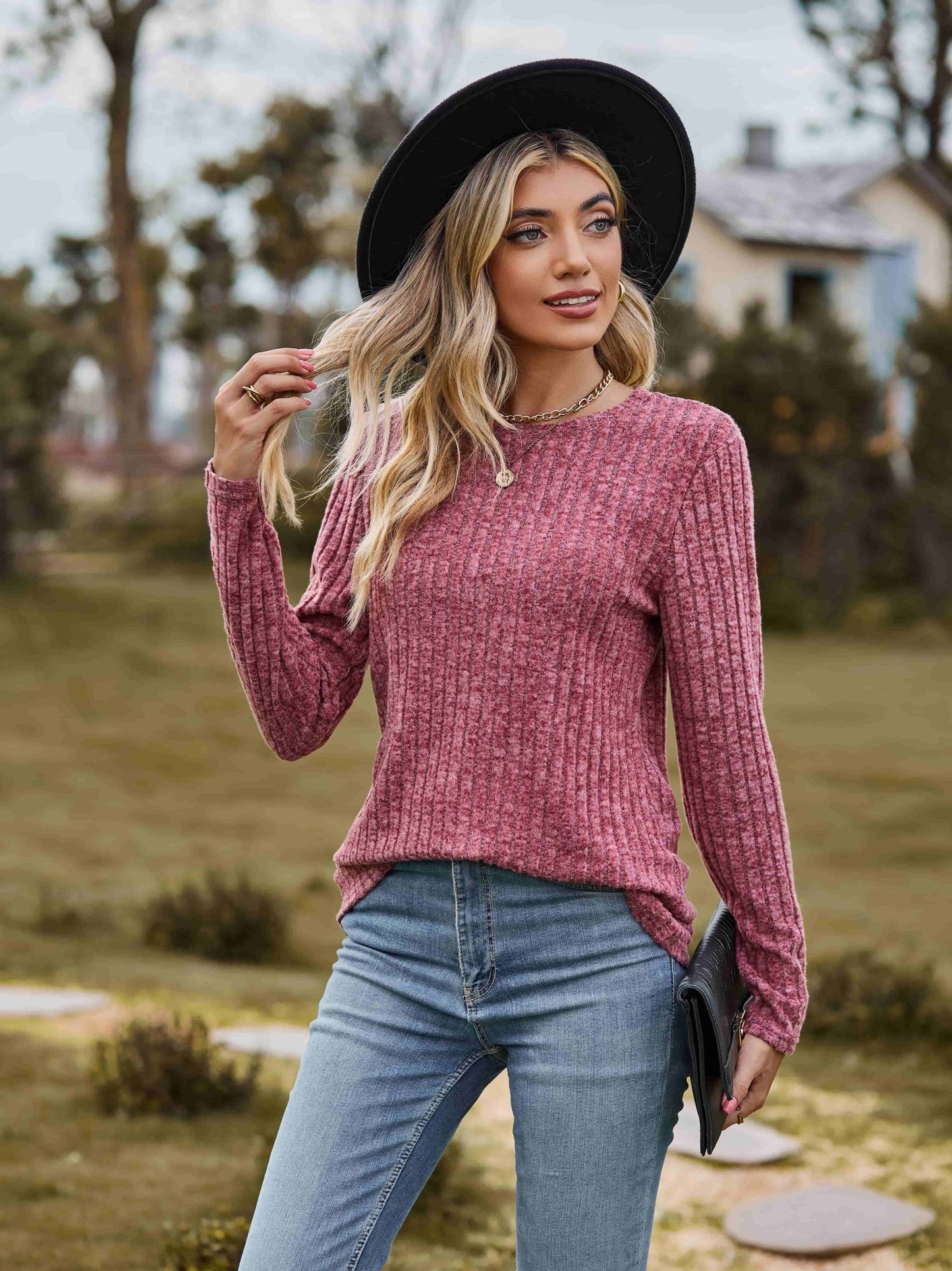 Ribbed Round Neck Long Sleeve Tee NicholesGifts