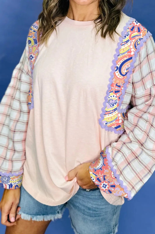 Paisley Print Plaid Long Sleeve Oversized Top Trendsi