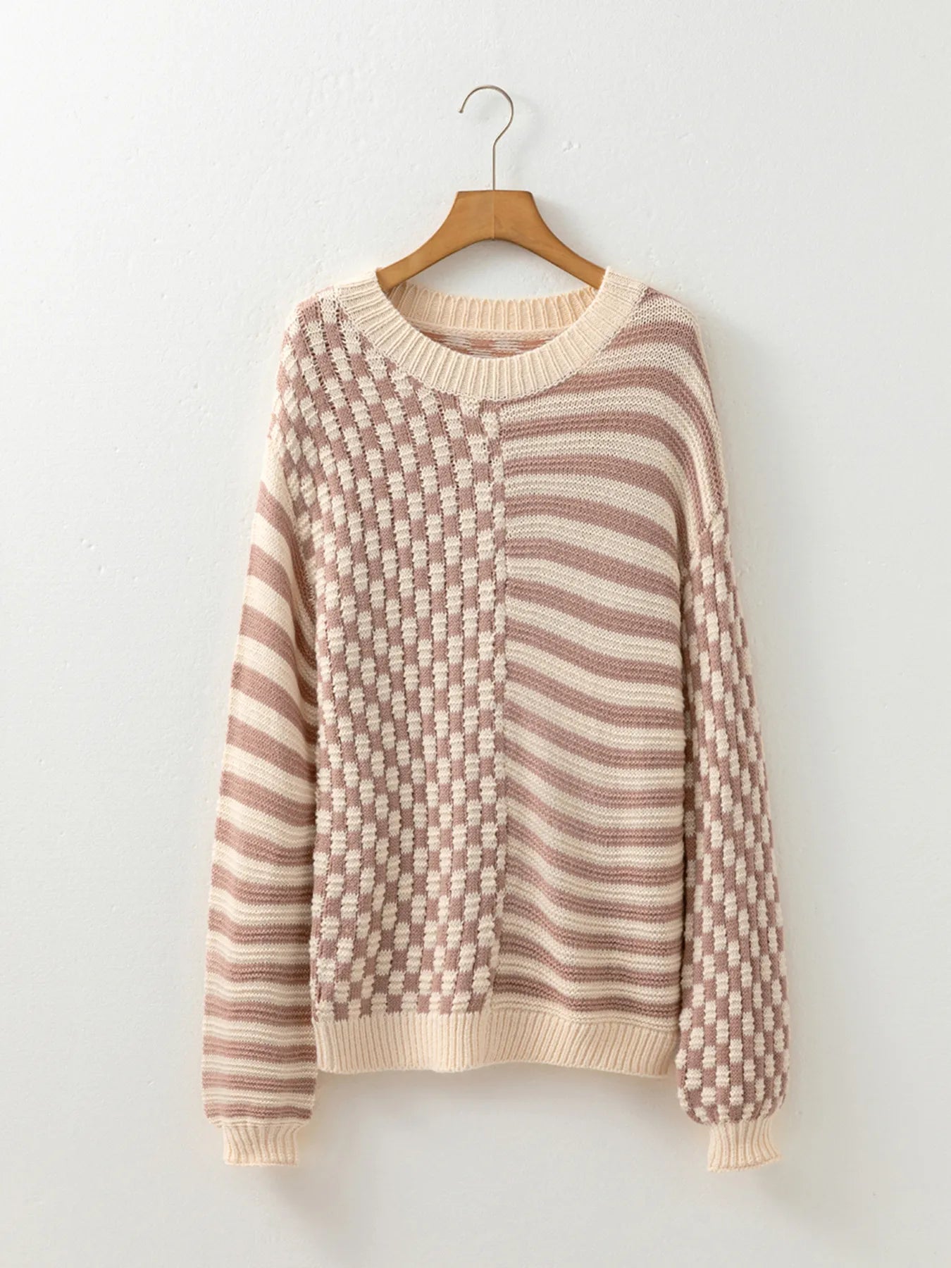 Stripe Checkerboard Drop Shoulder Balloon Sleeve Sweater Trendsi