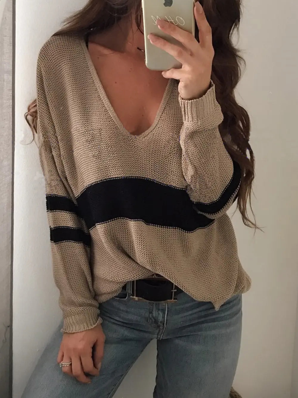 Striped V-Neck Long Sleeve Sweater Trendsi