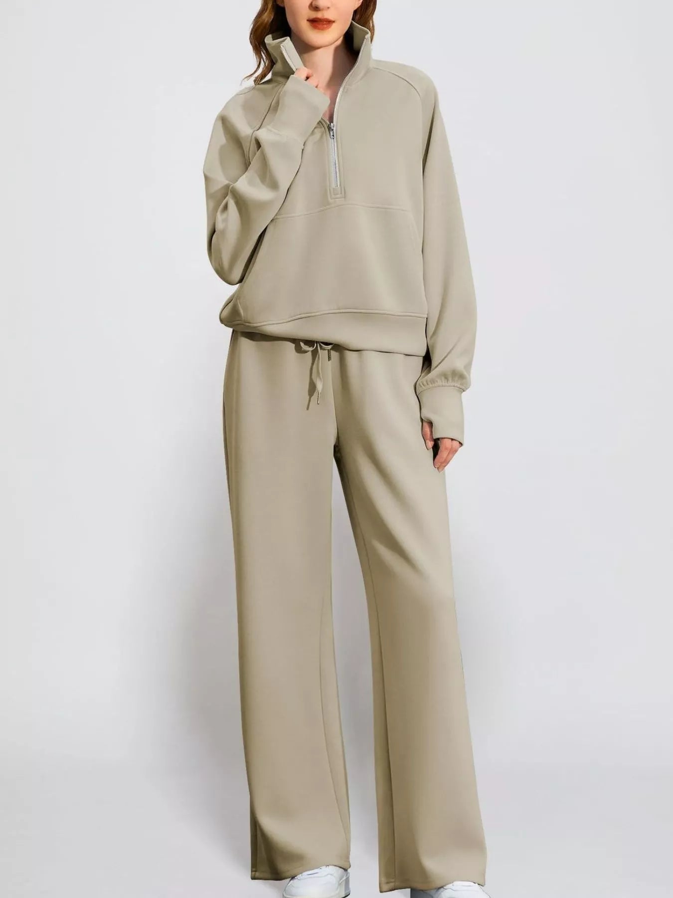 Full Size Half-Zip Sweatshirt and Wide-Leg Pants Set Plus Size Trendsi