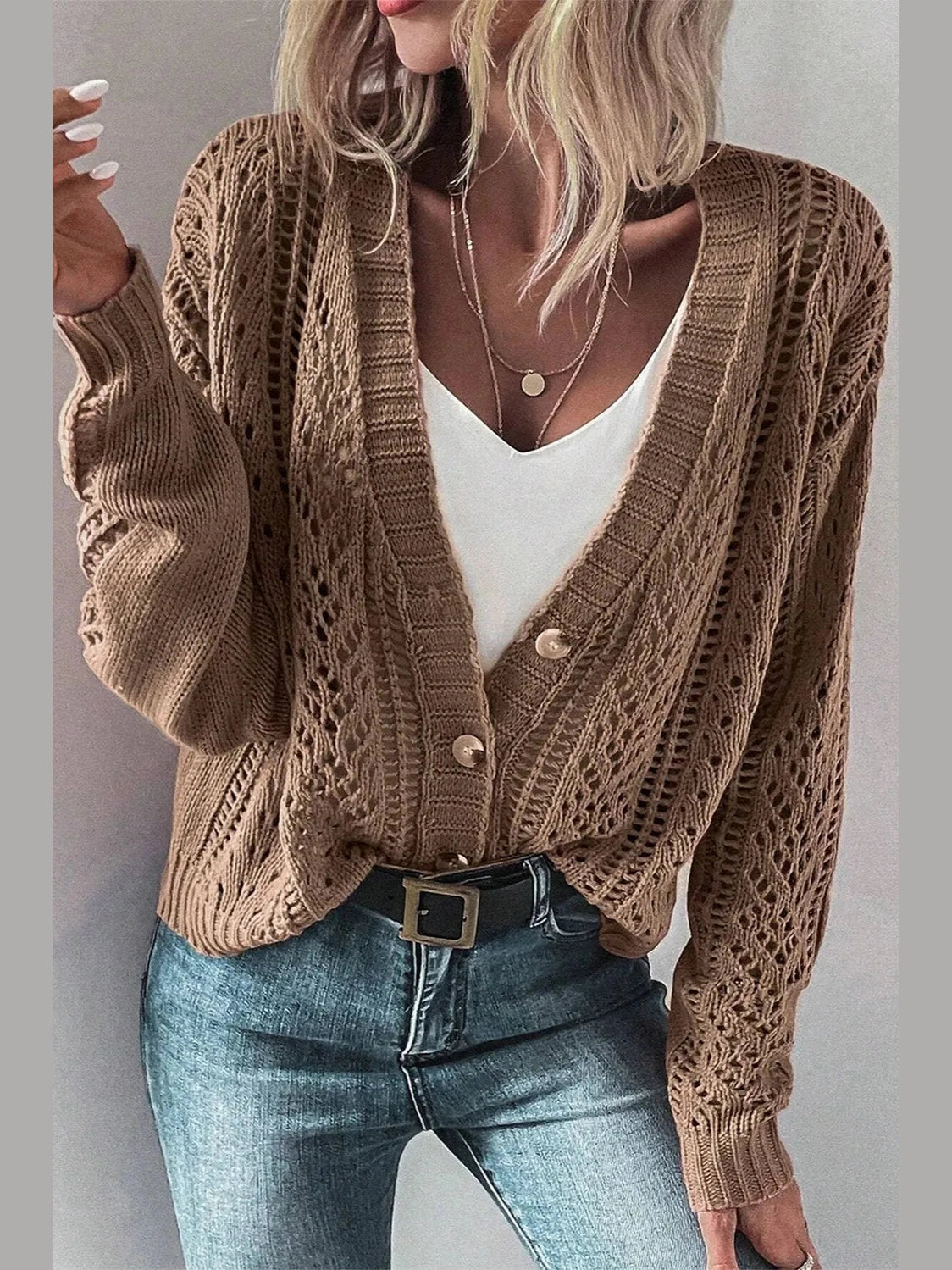 Openwork Button Up Long Sleeve Cardigan NicholesGifts