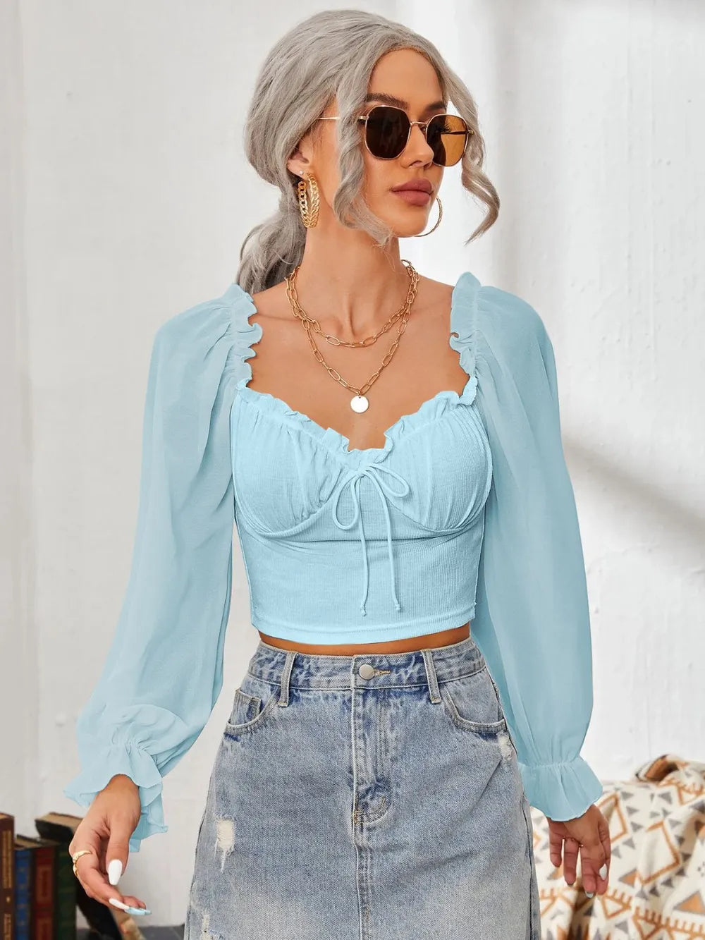 Mesh Sweetheart Neck Flounce Sleeve Top NicholesGifts