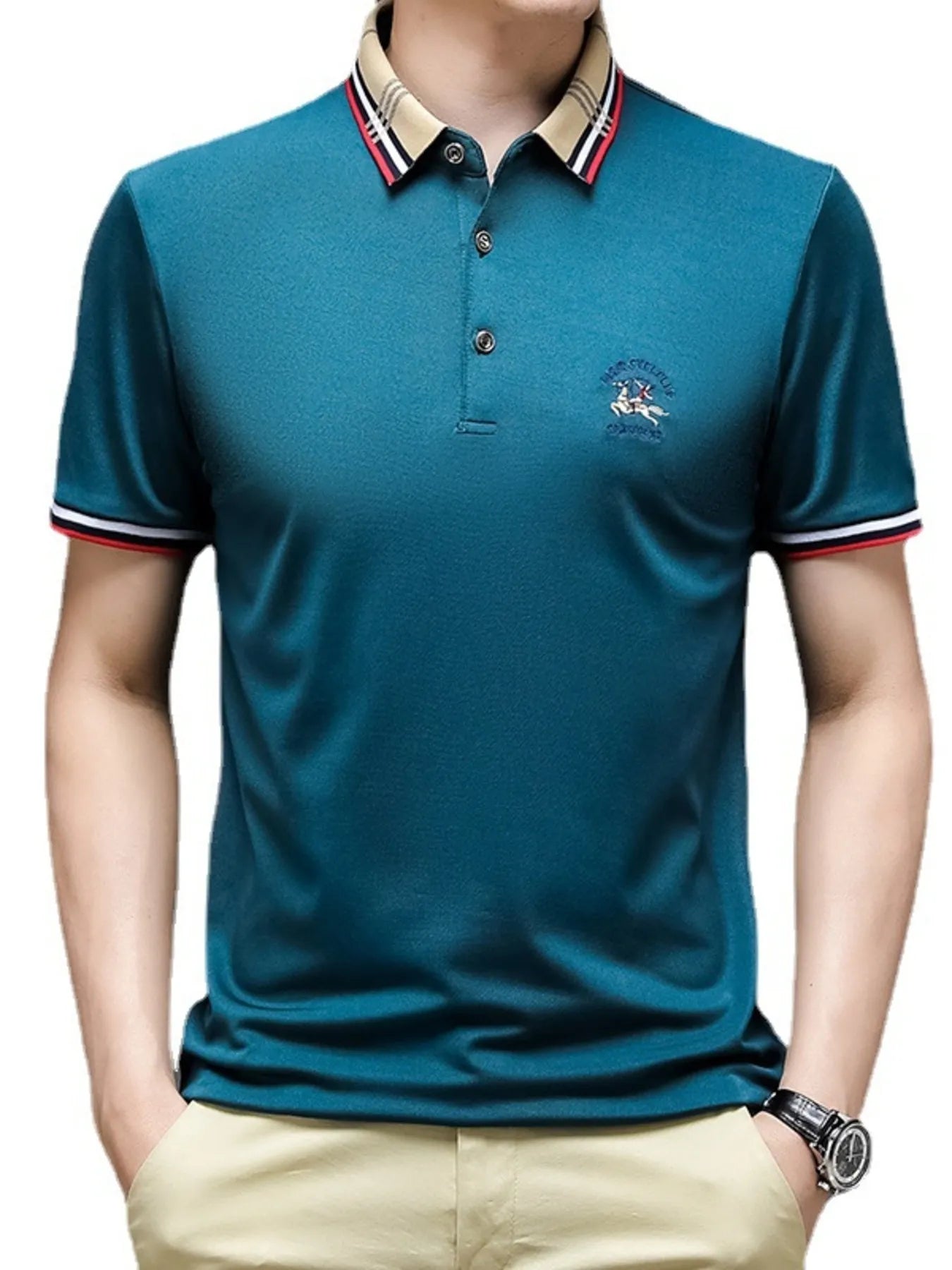 Men's Plus Size Striped Collar Short Sleeve Polo Shirt NicholesGifts