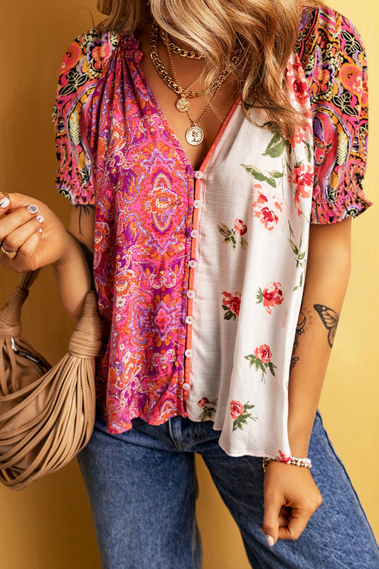 Printed V-Neck Short Sleeve Blouse nicholesgifts