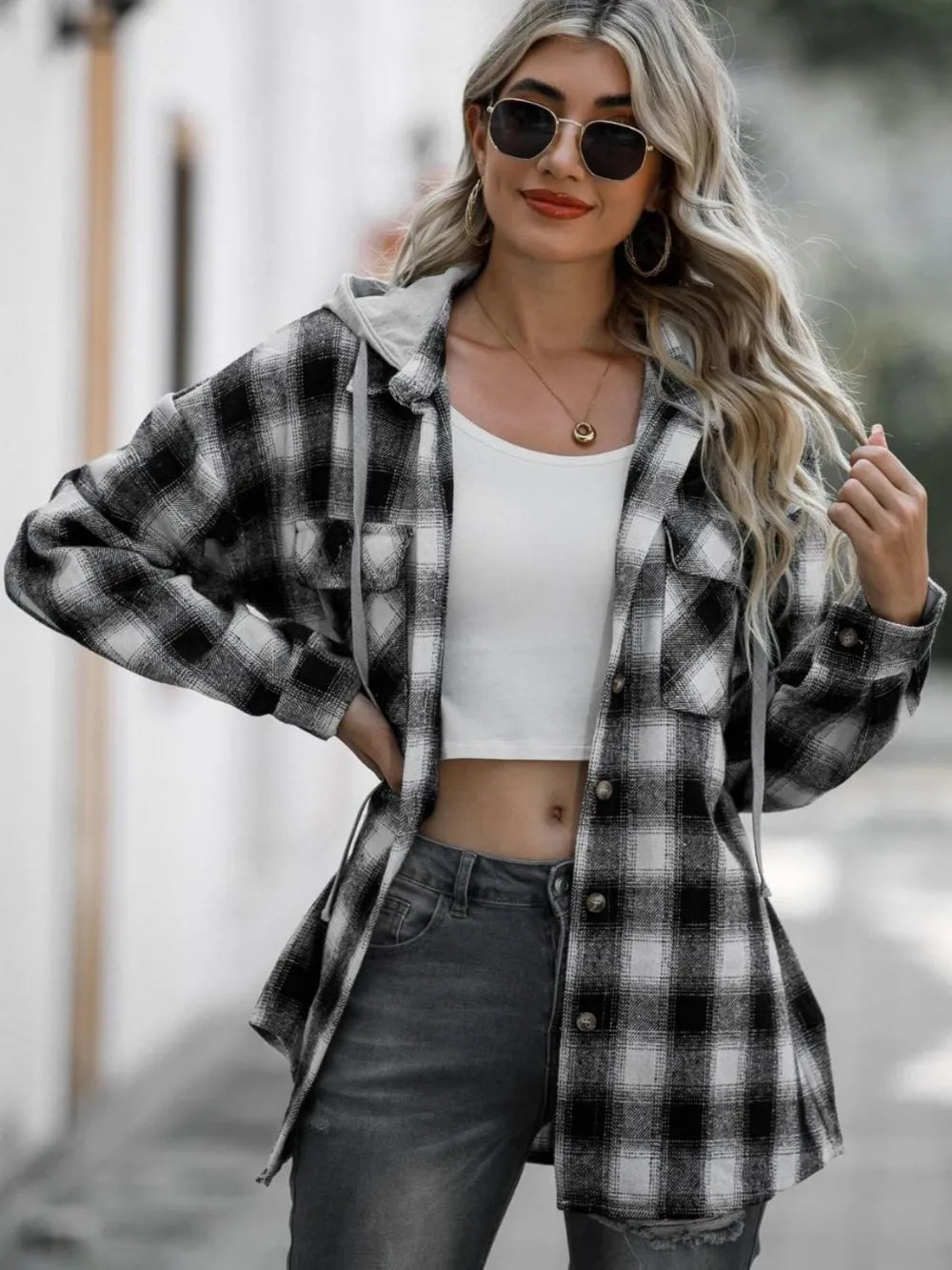 Double Take Drawstring Plaid Long Sleeve Hooded Shacket Trendsi