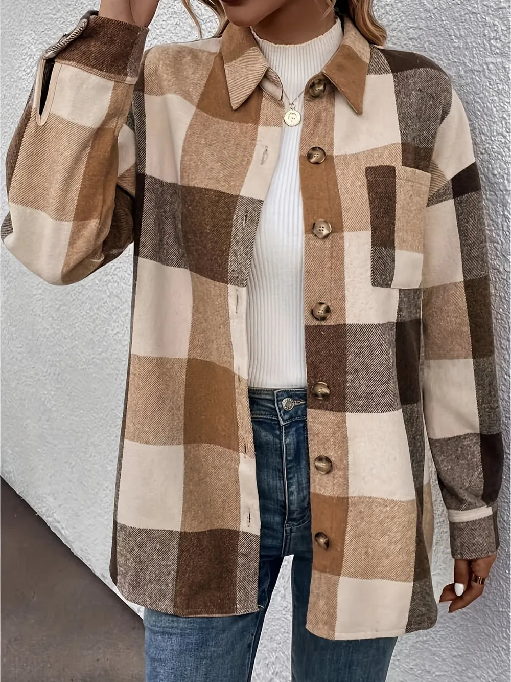 Curved Hem Plaid Collared Neck Shacket Trendsi