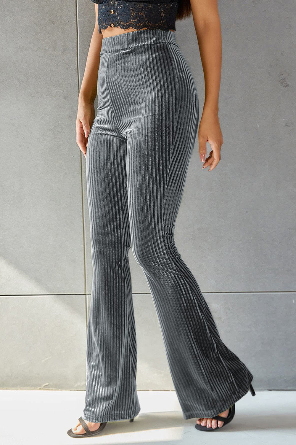 Women Ribbed High Waist Flare Pants nicholesgifts