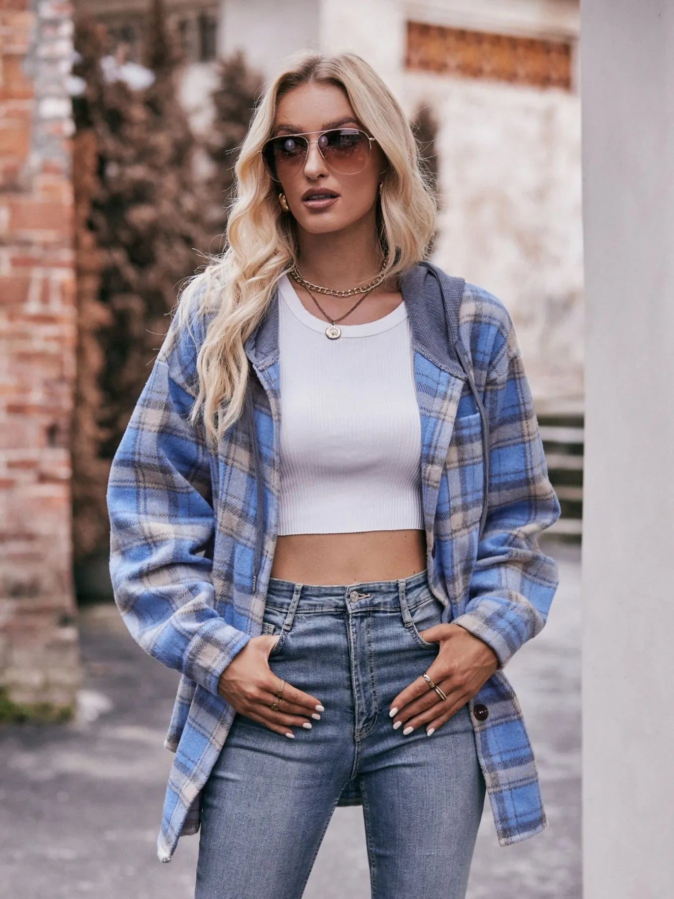 Oversized Plaid Button Up Shacket Trendsi