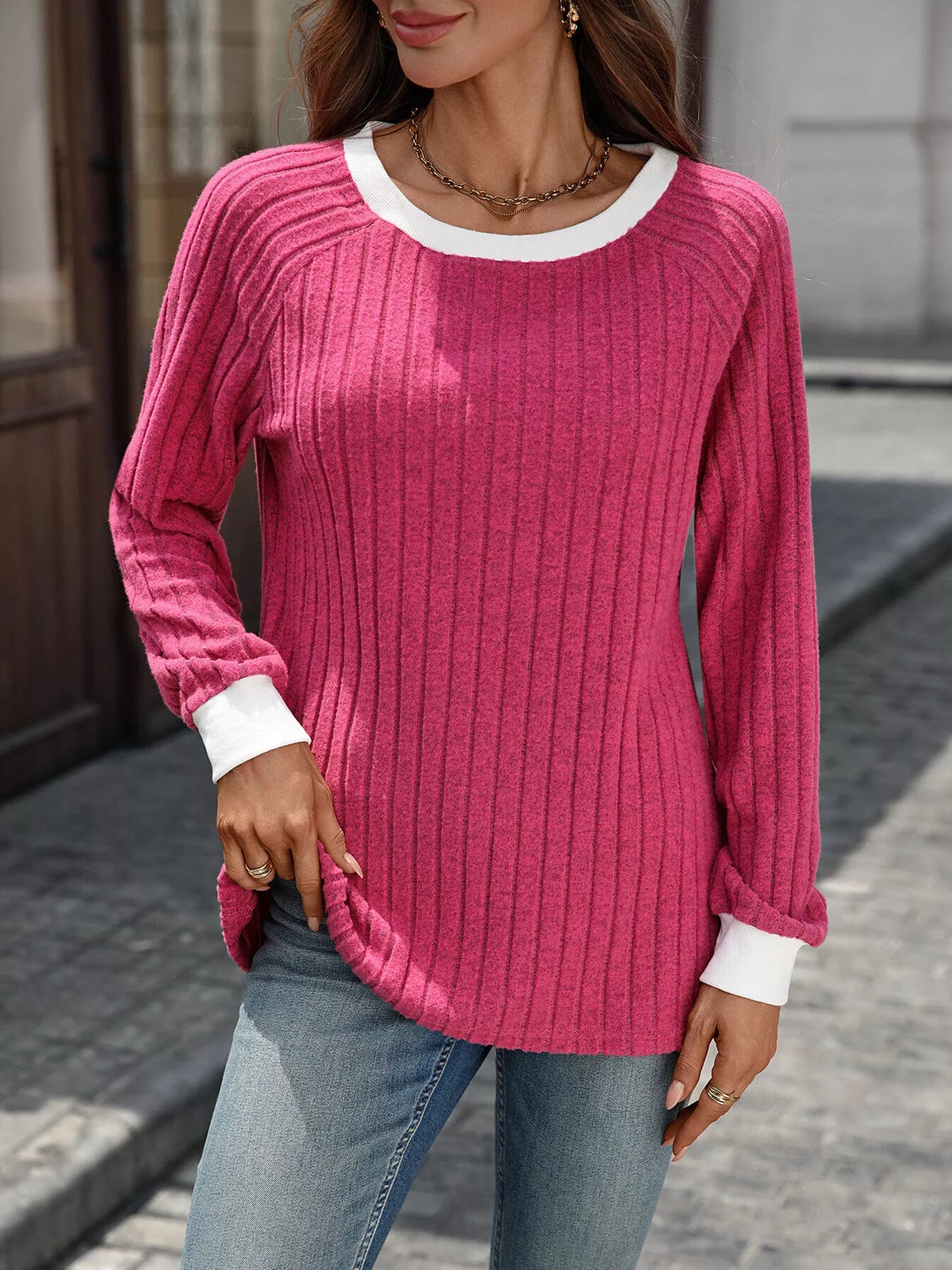 Ribbed Round Neck Raglan Sleeve Knit Top Trendsi