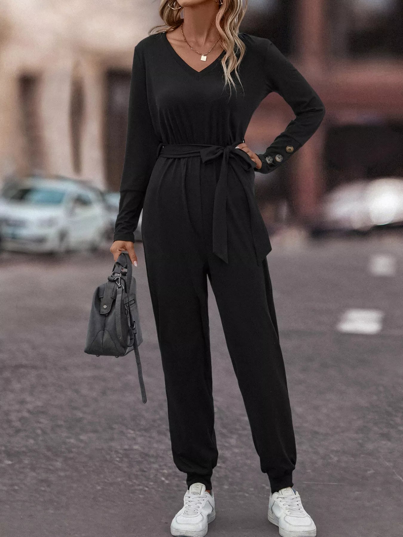 V-Neck Long Sleeve Tie Waist Jumpsuit nicholesgifts