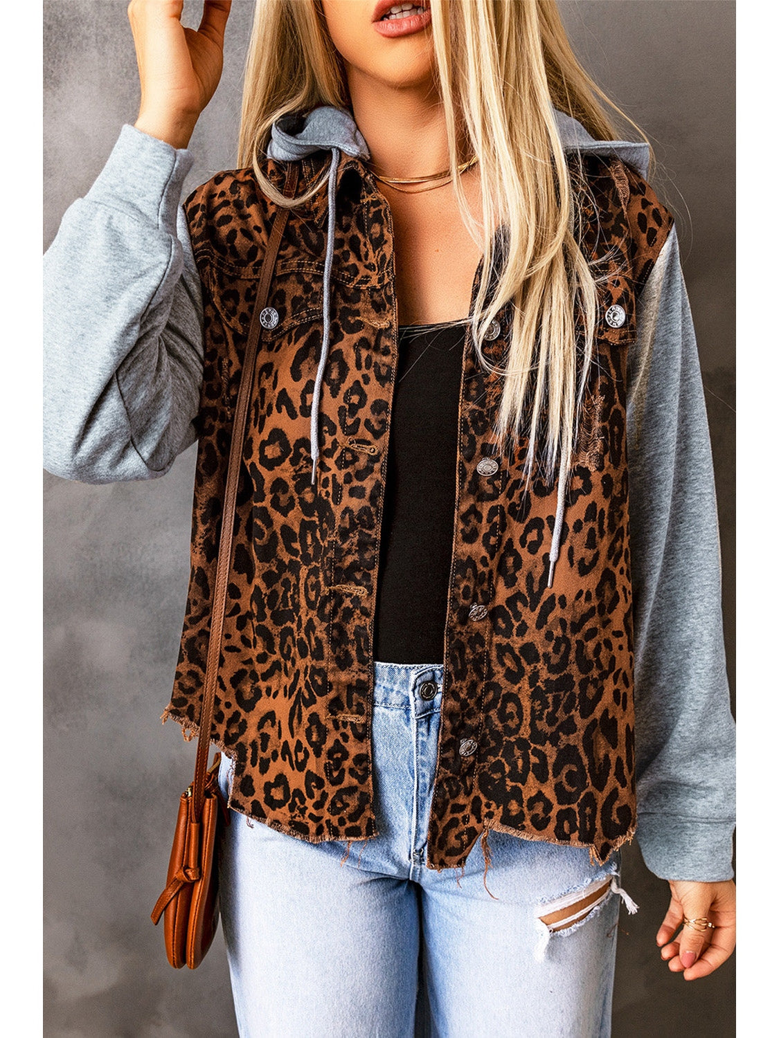 NicholesGifts Women Leopard Distressed Drawstring Hooded Denim Jacket NicholesGifts