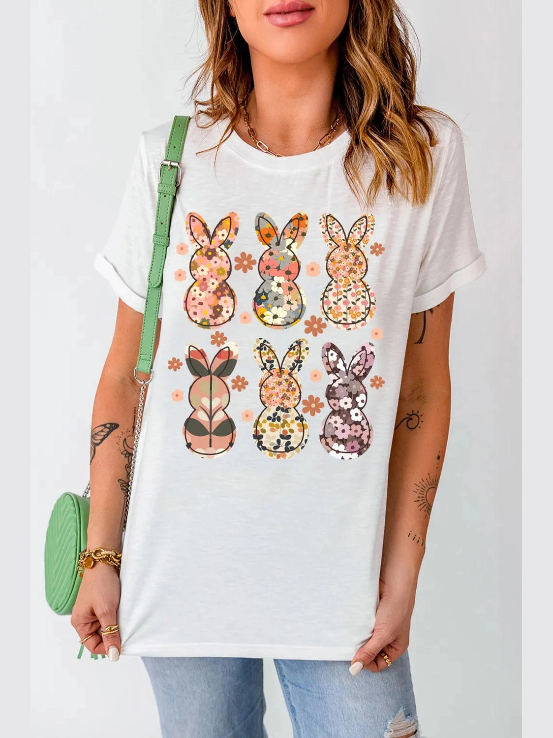 Floral Bunny Graphic Crewneck Short Sleeve T-Shirt nicholesgifts