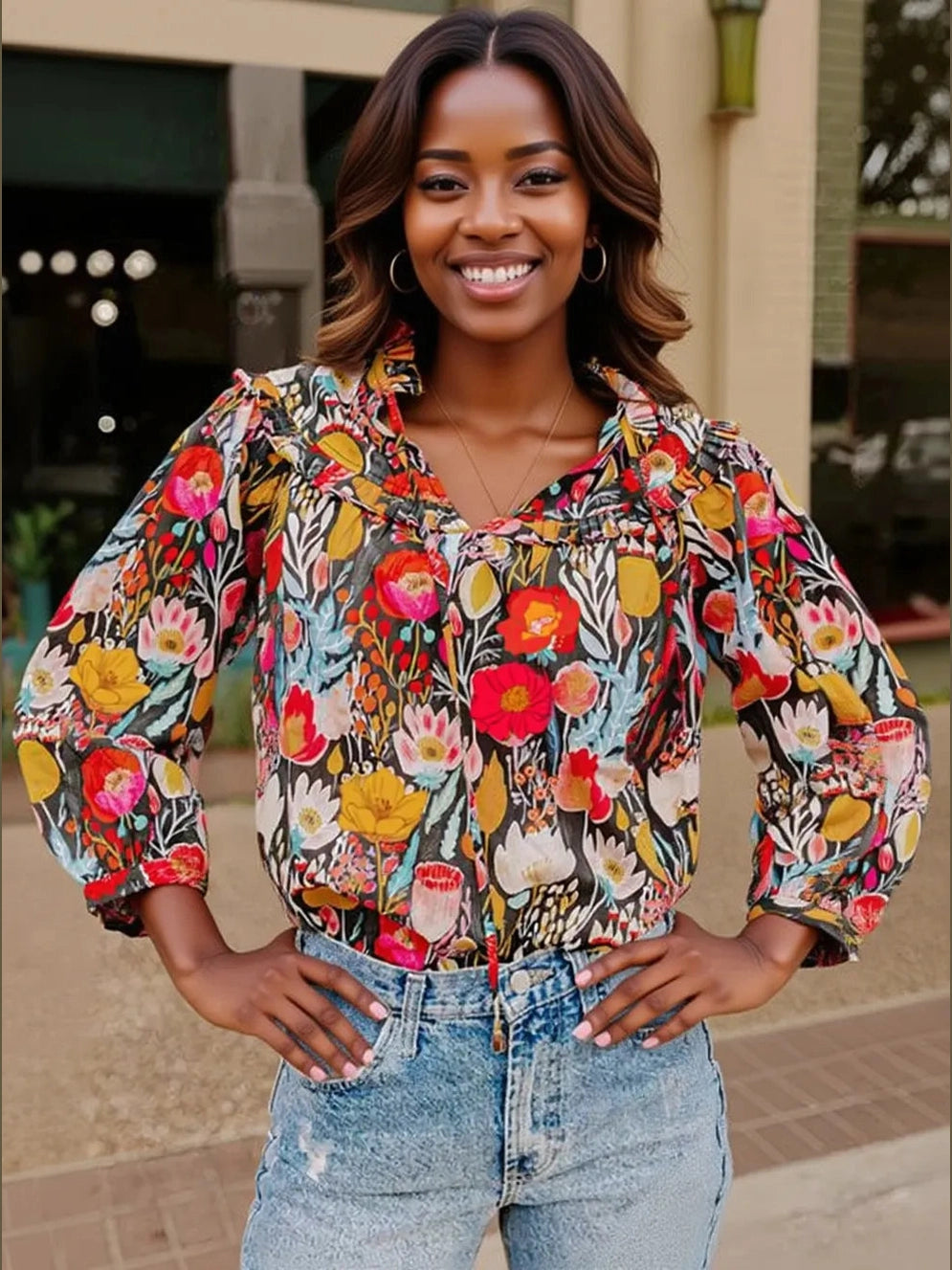 Floral 3/4 Puff Sleeve Tied Neck Blouse