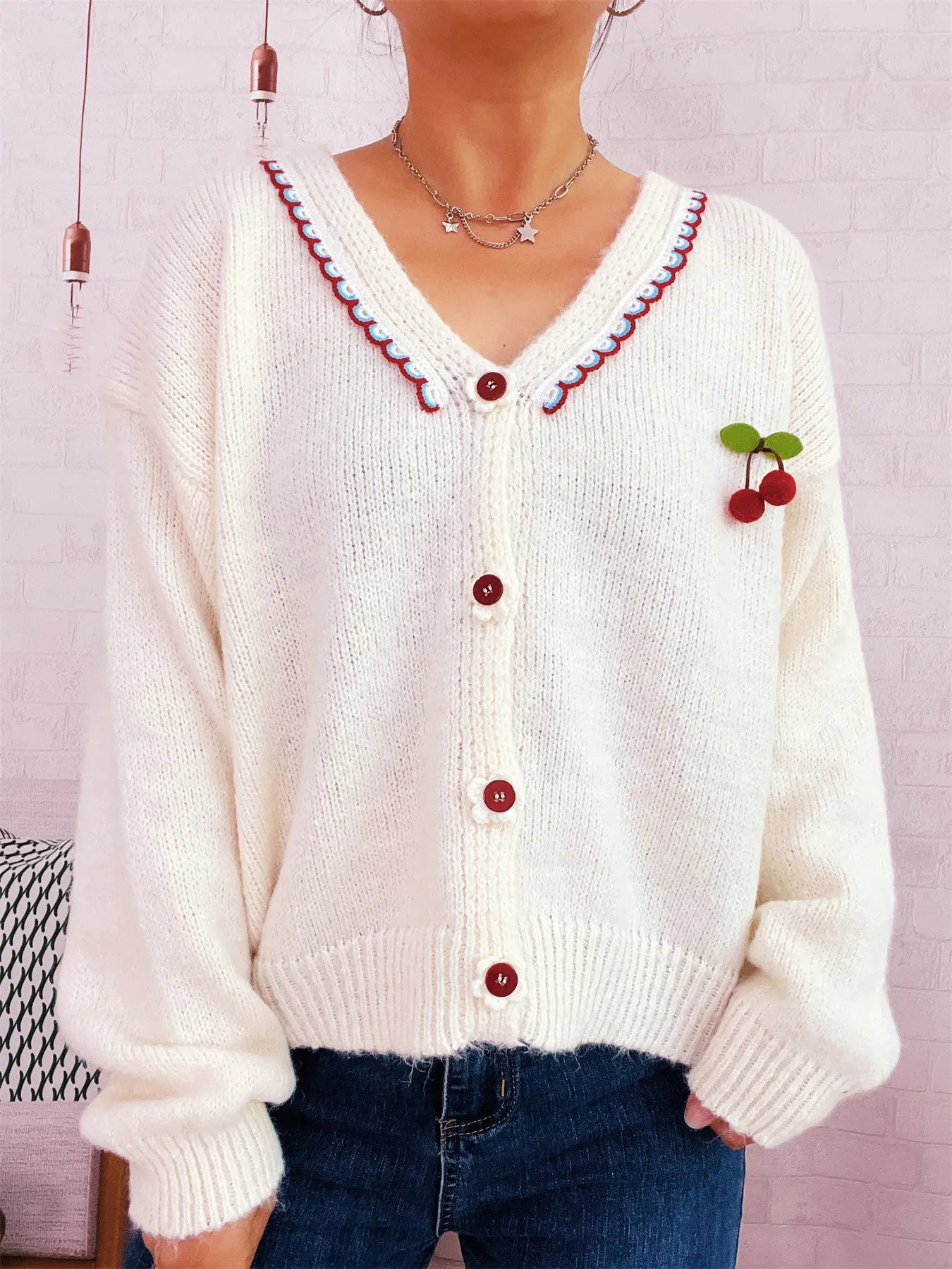 Cherry Button-Front Long Sleeve Cardigan