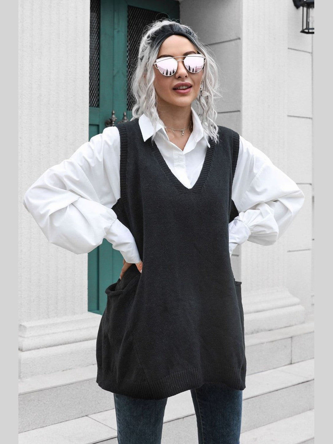 V-Neck Sleeveless Sweater Vest with Pocket nicholesgifts