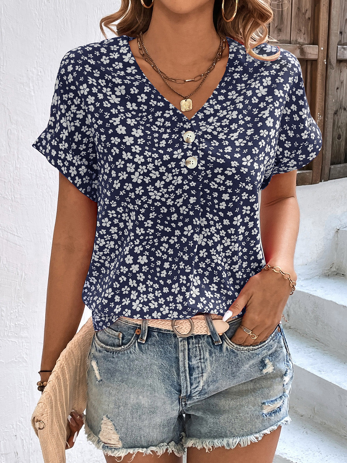 Printed V-Neck Short Sleeve Blouse nicholesgifts