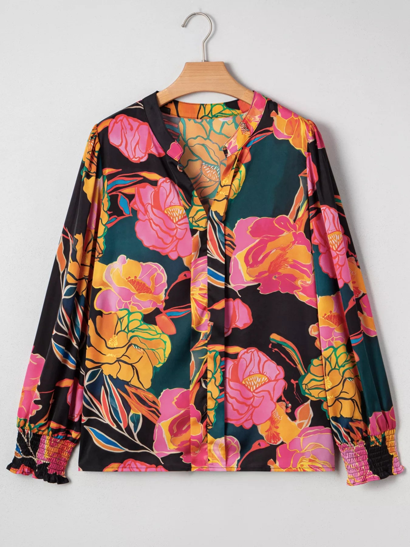 Floral Print Smocked Cuffs Puff Sleeve Blouse