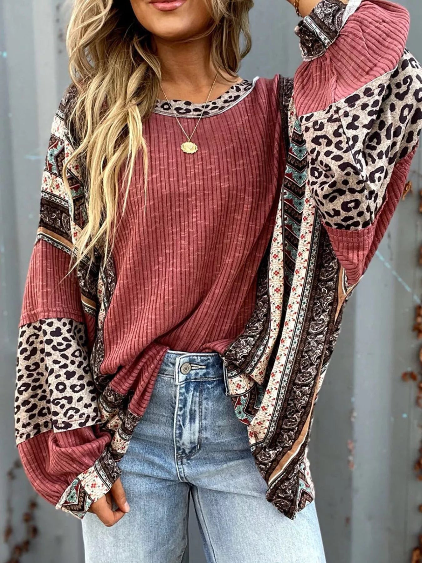 Leopard Color Block Ribbed Top nicholesgifts