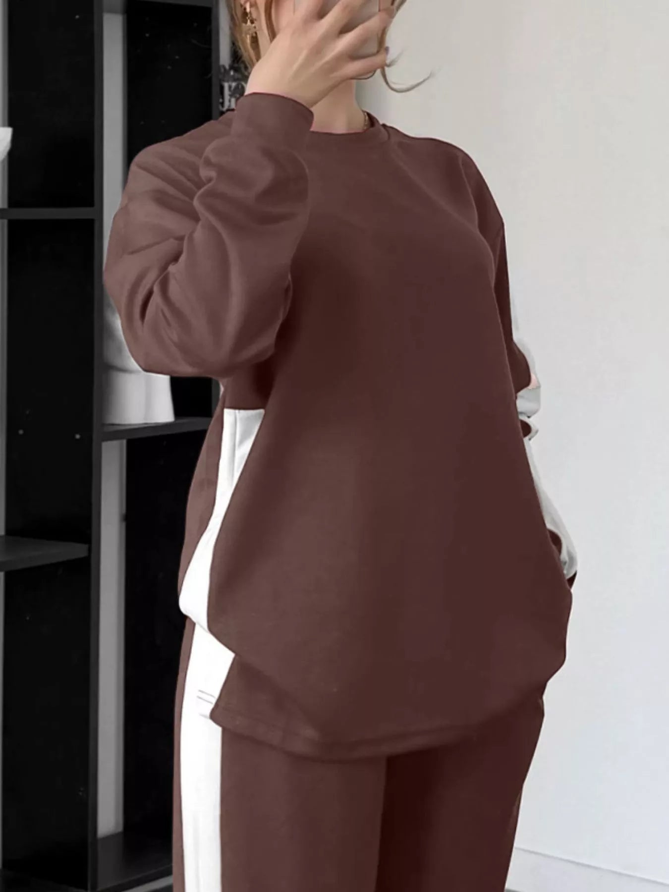 Full Size Contrast Round Neck Top and Pants Set Plus Size nicholesgifts