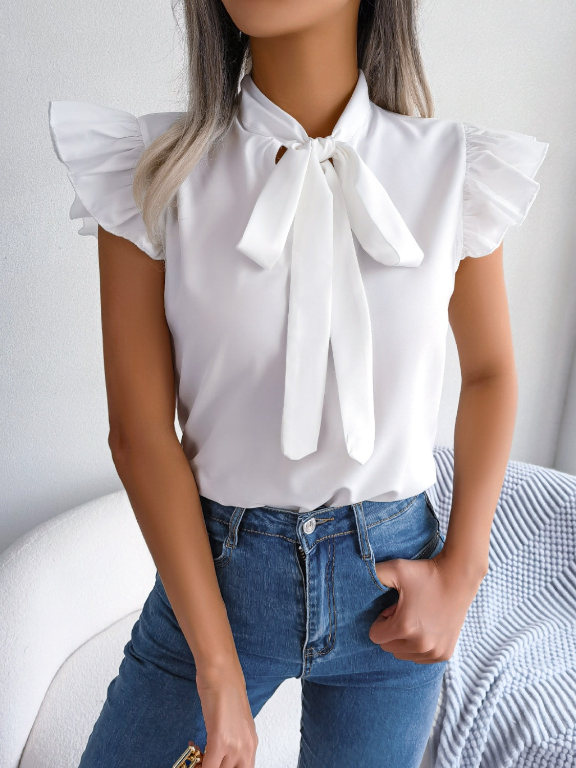 Tie Neck Cap Sleeve Blouse nicholesgifts