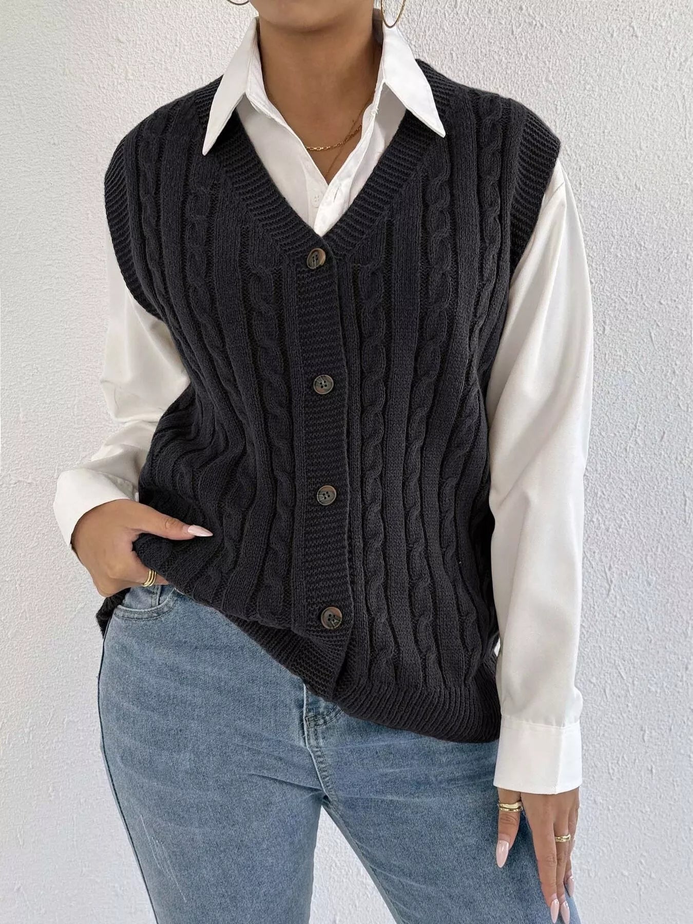 Cable-Knit Button-Up Sweater Vest nicholesgifts