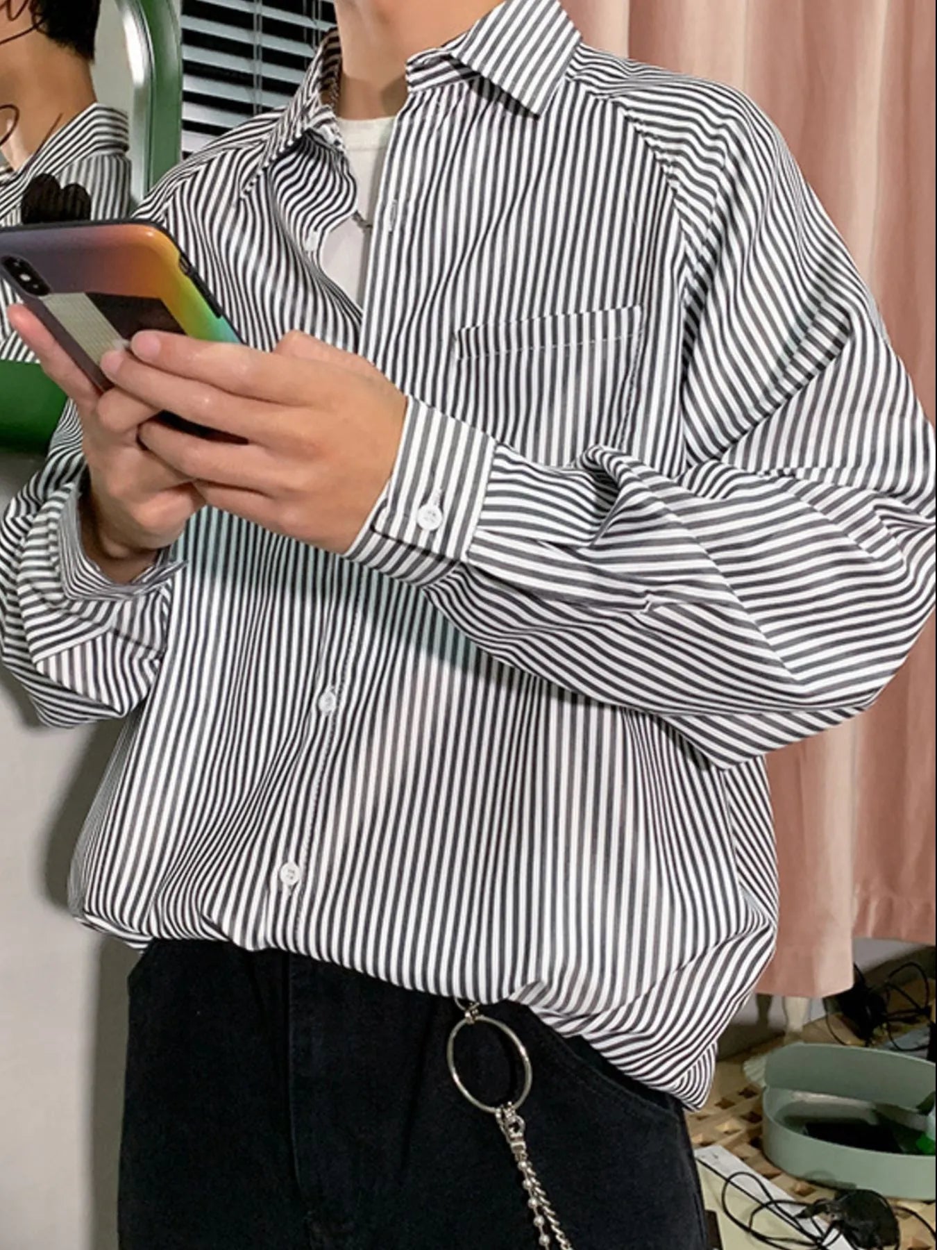 Men's Striped Long Sleeve Button-Up Shirt NicholesGifts
