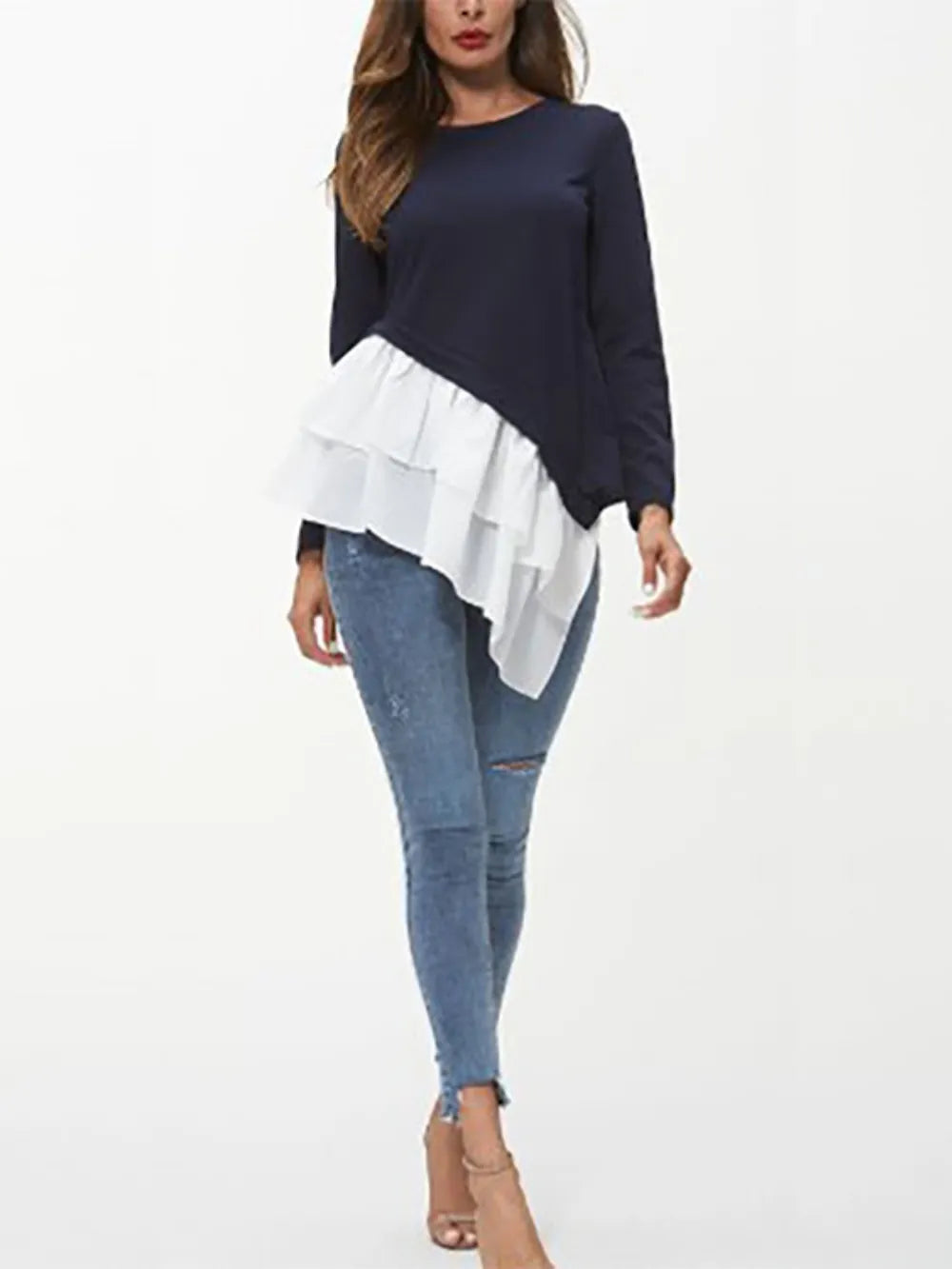 Ivy Lane Tiered Contrast Round Neck Long Sleeve T-Shirt nicholesgifts