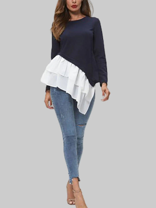 Women Ivy Lane Tiered Contrast Round Neck Long Sleeve T-Shirt NicholesGifts