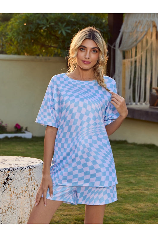 Plaid Round Neck Top and Shorts Lounge Set NicholesGifts